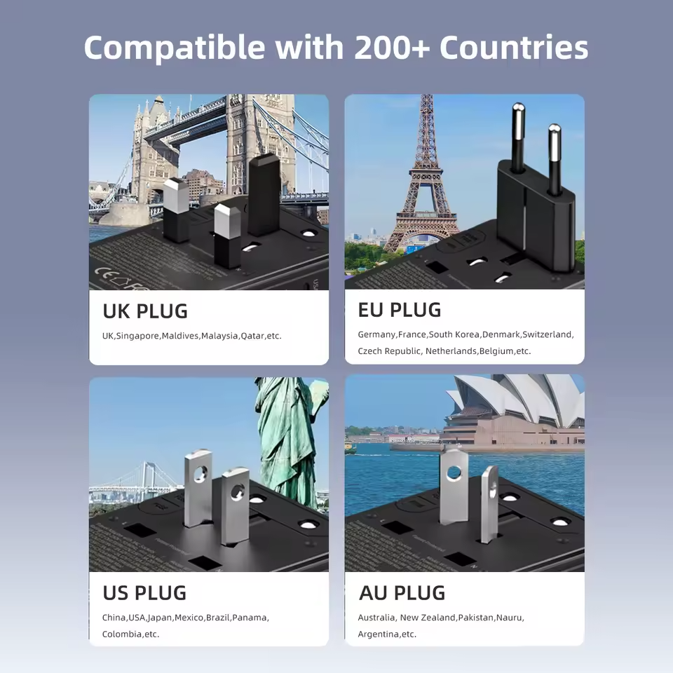 Black Universal Travel Adapter Worldwide 2500W with 2 USB C 2 USB A International Plug Adaptor UK EU USA Australia