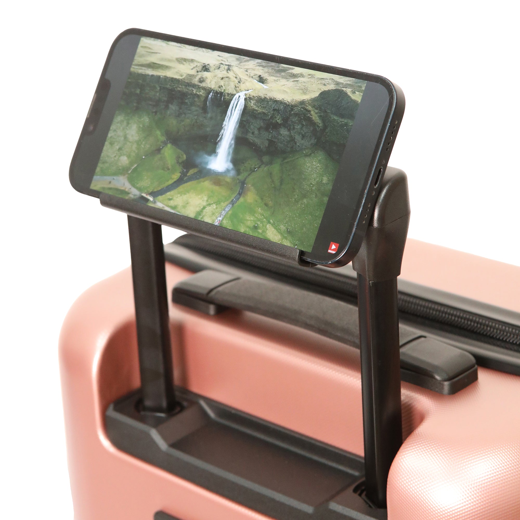 Built-in phone holder on WOW Travel Ryanair 40x30x20cm cabin suitcase telescopic handle
